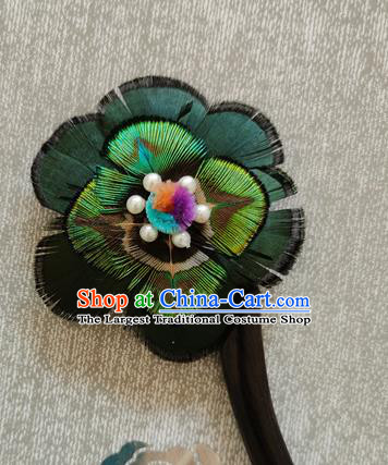 China Handmade Ebony Hair Stick Traditional Hanfu Hair Accessories Classical Cheongsam Peacock Feather Hairpin