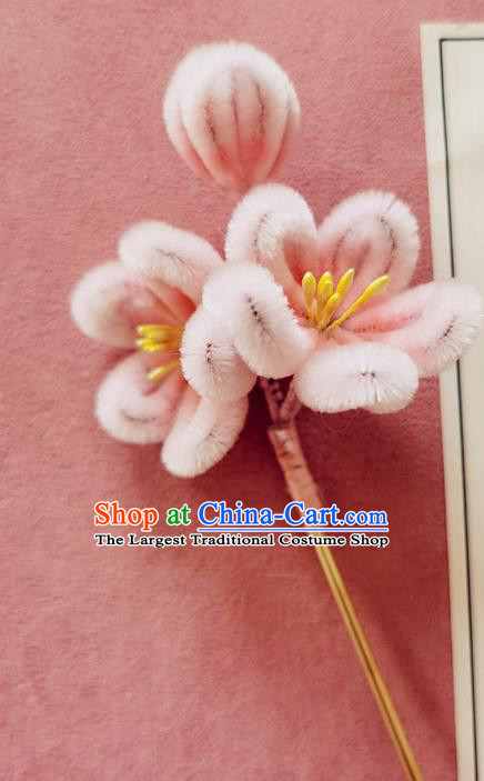 China Classical Hanfu Pink Velvet Plum Blossom Hair Stick Traditional Ancient Court Lady Flowers Hairpin