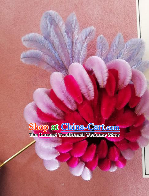 China Traditional Ancient Palace Lady Flowers Hairpin Classical Hanfu Rosy Velvet Chrysanthemum Hair Stick