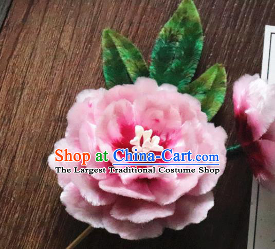 China Classical Hanfu Pink Flower Hairpin Traditional Ancient Palace Lady Velvet Peony Hair Stick