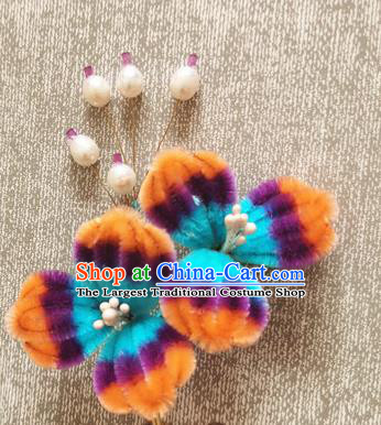 China Pearls Hair Stick Handmade Hair Accessories Traditional Velvet Flowers Hairpin