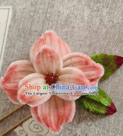 China Traditional Cheongsam Pink Peony Hairpin Classical Velvet Flowers Hair Stick Handmade Hair Accessories