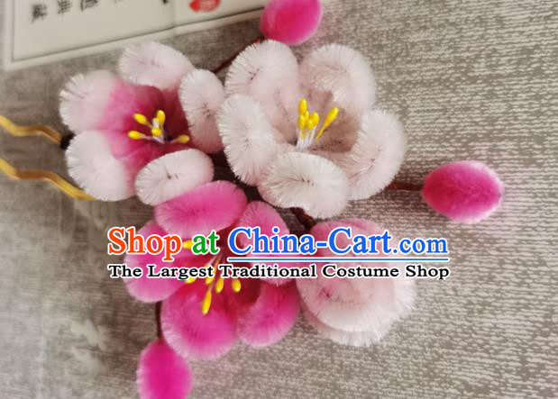 China Classical Velvet Plum Blossom Hair Stick Handmade Hair Accessories Traditional Cheongsam Pink Flowers Hairpin