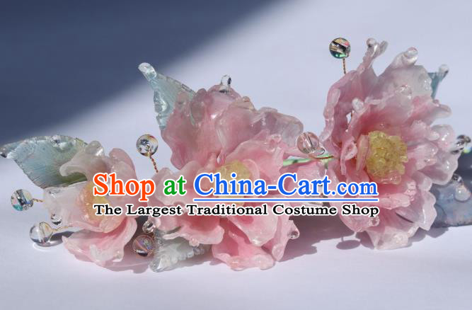 China Classical Hanfu Pink Peony Hairpin Traditional Ancient Ming Dynasty Princess Flowers Hair Stick