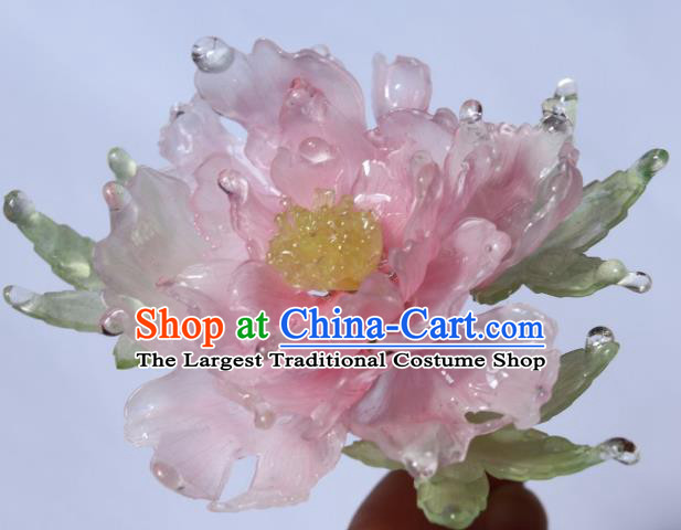 China Traditional Ancient Ming Dynasty Princess Peony Hair Stick Classical Hanfu Green Leaf Hairpin