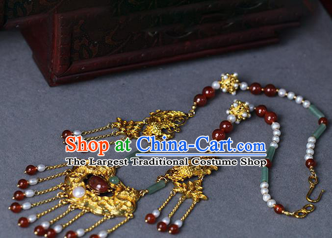 Chinese Traditional Wedding Jade Pearls Necklace Ancient Princess Agate Tassel Necklet Accessories