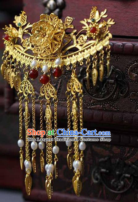 China Ancient Court Woman Filigree Peony Hairpin Traditional Qing Dynasty Empress Golden Tassel Hair Stick