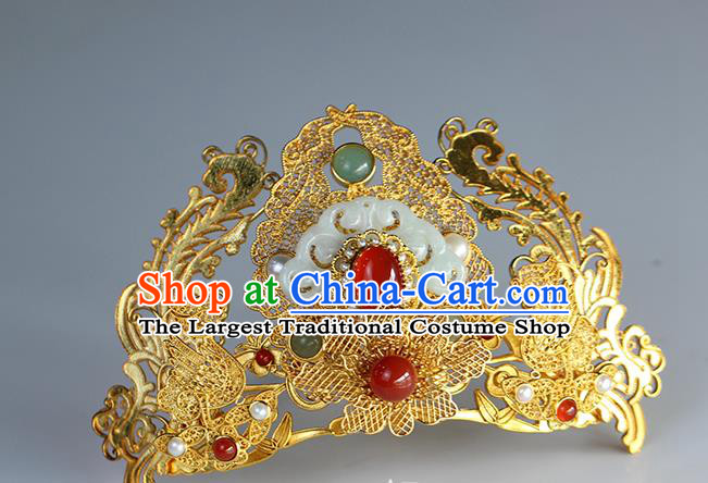 China Ancient Bride Jade Hair Crown Traditional Ming Dynasty Wedding Hair Accessories