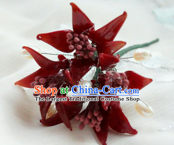 China Classical Hanfu Red Spider Lily Hairpin Traditional Ming Dynasty Flowers Hair Stick