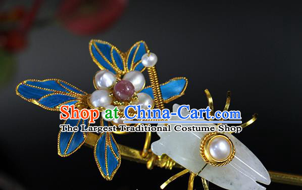 China Traditional Qing Dynasty Jade Cicada Hair Stick Ancient Empress Pearls Orchid Hairpin