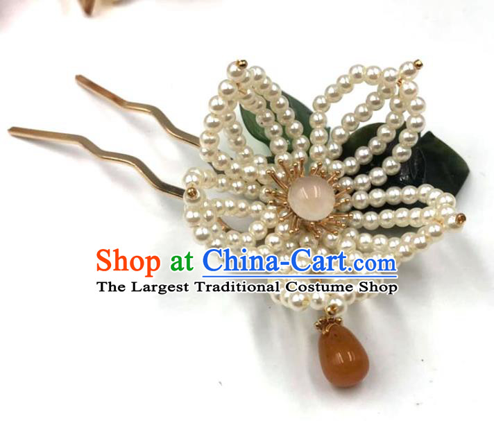 China Traditional Hanfu Ceregat Hair Accessories Ming Dynasty Hairpin Ancient Princess Beads Lotus Hair Stick