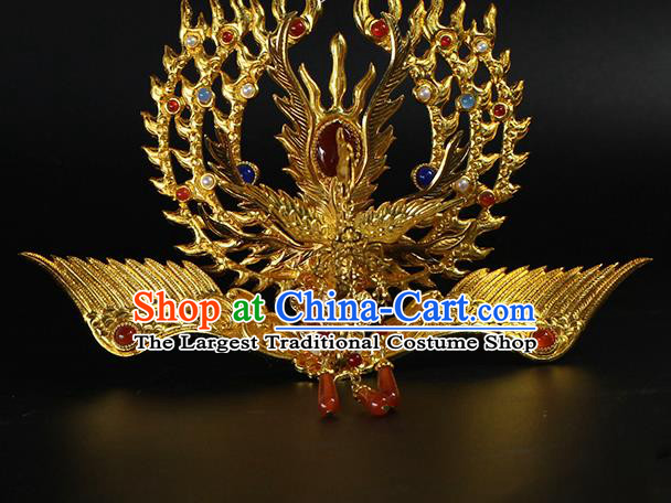 China Traditional Ming Dynasty Gems Hair Crown Ancient Empress Golden Phoenix Hairpin