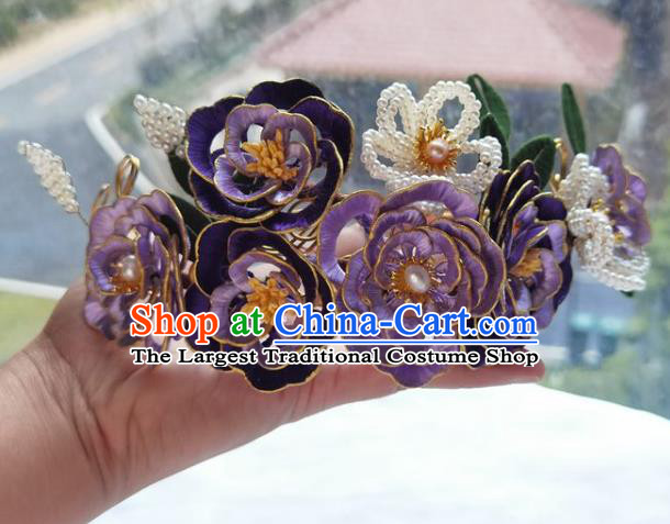 China Ming Dynasty Beads Plum Hairpin Traditional Hanfu Hair Accessories Ancient Princess Purple Silk Peony Hair Crown