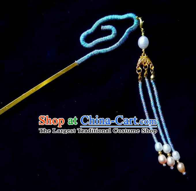 China Ming Dynasty Pearls Tassel Hairpin Traditional Hanfu Hair Accessories Ancient Princess Blue Cloud Hair Stick