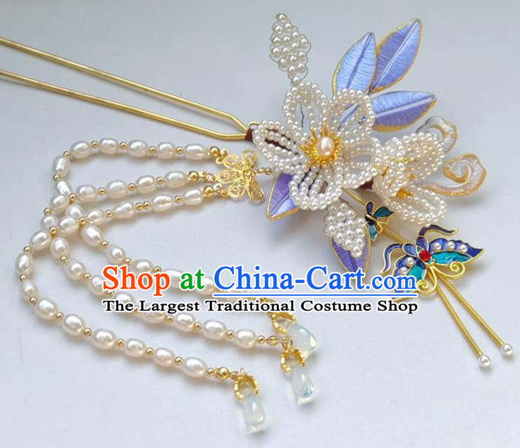 China Ming Dynasty Blueing Butterfly Hairpin Traditional Hanfu Hair Accessories Ancient Princess Pearls Tassel Hair Stick