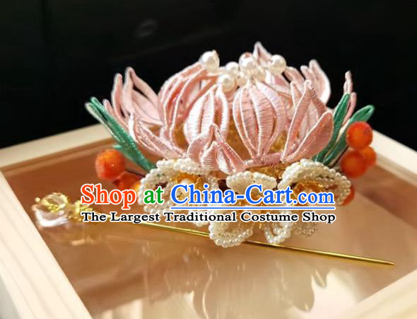 China Ming Dynasty Hairpin Traditional Hanfu Hair Accessories Ancient Princess Pink Silk Lotus Hair Crown