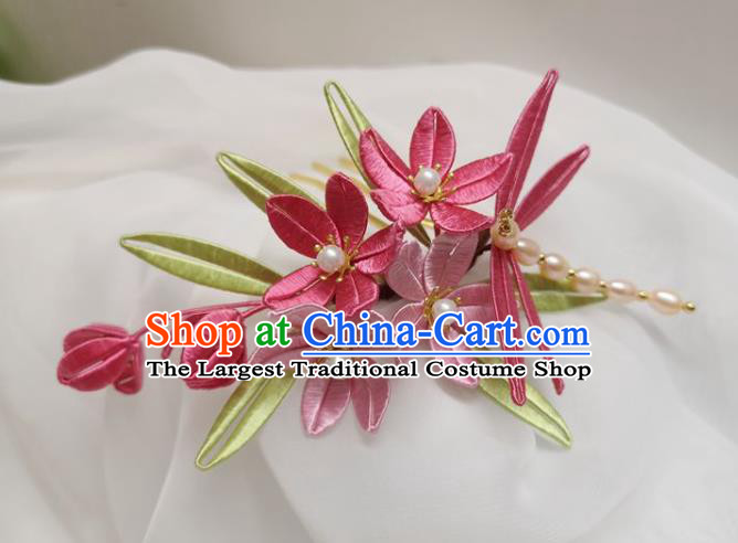 China Ming Dynasty Rosy Silk Flowers Hairpin Traditional Hanfu Hair Accessories Ancient Princess Pearls Dragonfly Hair Stick