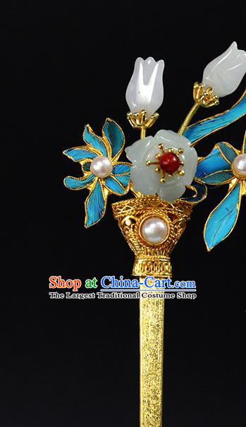 China Ancient Queen Orchids Hairpin Traditional Qing Dynasty Palace Jade Plum Pearl Hair Stick