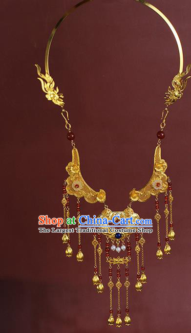 Chinese Traditional Wedding Agate Beads Necklace Ancient Princess Golden Tassel Necklet Accessories