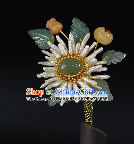 China Traditional Qing Dynasty Pearls Chrysanthemum Hairpin Ancient Queen Ceregat Hair Stick