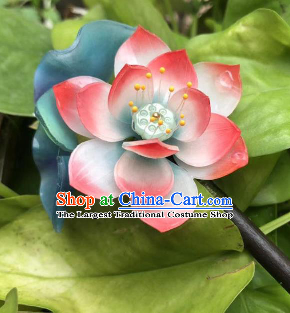 China Ancient Palace Lady Pink Lotus Hairpin Traditional Qing Dynasty Court Ebony Hair Stick