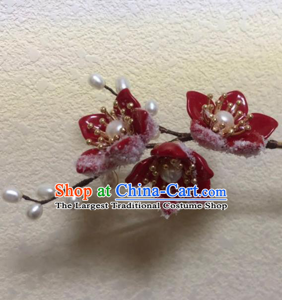 China Ancient Princess Red Plum Blossom Hairpin Traditional Ming Dynasty Pearls Hair Stick