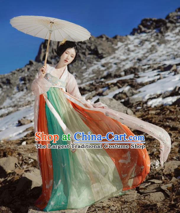 China Ancient Young Beauty Embroidered Hanfu Dress Traditional Tang Dynasty Palace Lady Historical Clothing