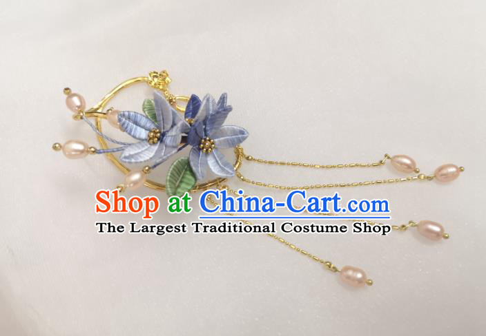 Handmade China Ming Dynasty Princess Pearls Tassel Earrings Pendant Ancient Hanfu Lilac Silk Flowers Ear Accessories