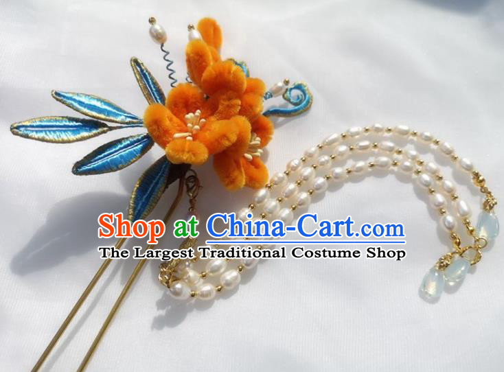 China Ming Dynasty Orange Velvet Plum Hairpin Traditional Hanfu Hair Accessories Ancient Princess Pearls Tassel Hair Stick