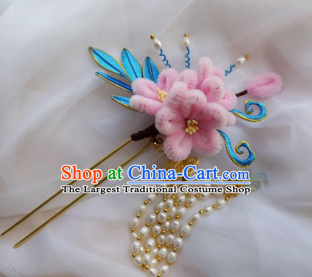 China Ming Dynasty Pearls Tassel Hairpin Traditional Hanfu Hair Accessories Ancient Princess Pink Velvet Plum Hair Stick