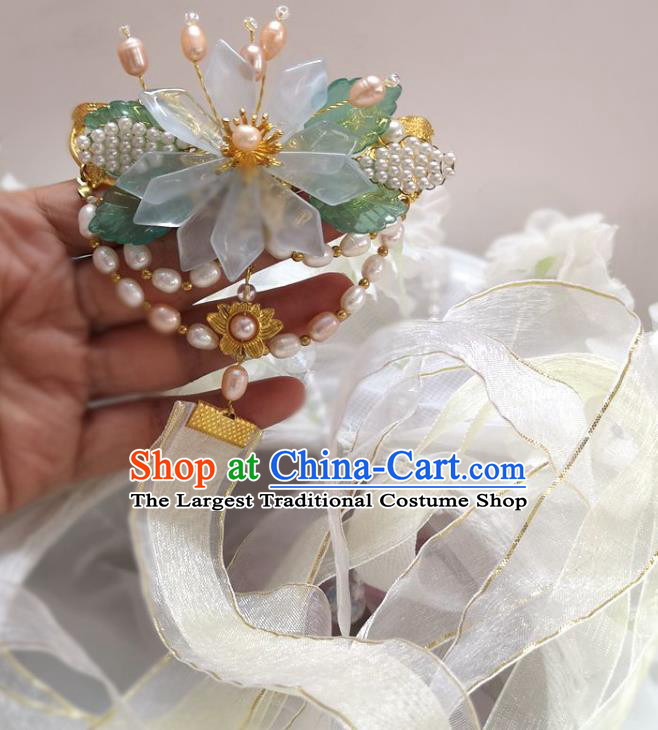 China Ming Dynasty White Ribbon Tassel Hairpin Traditional Hanfu Hair Accessories Ancient Princess Epiphyllum Hair Stick