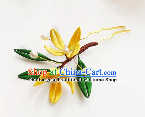 China Ancient Princess Silk Osmanthus Hairpin Traditional Hanfu Hair Accessories Ming Dynasty Pearls Hair Stick