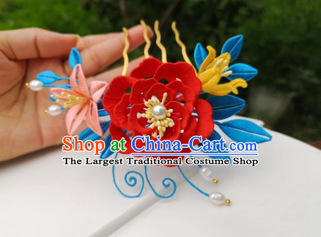 China Traditional Ming Dynasty Red Silk Peony Hair Comb Ancient Palace Lady Hairpin