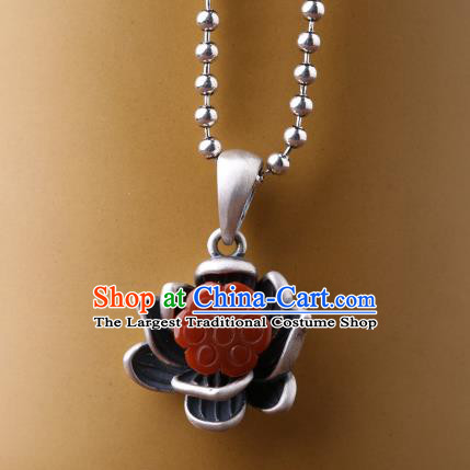 China Classical Cheongsam Agate Lotus Necklace Pendant Traditional Silver Necklet Accessories