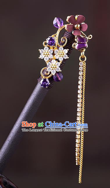 China Classical Crystal Tassel Hair Stick Traditional Cheongsam Hair Accessories Handmade Purple Plum Hairpin