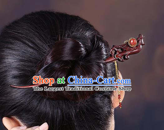 China Classical Tassel Hair Stick Traditional Cheongsam Hair Accessories Handmade Carving Phoenix Rosewood Hairpin