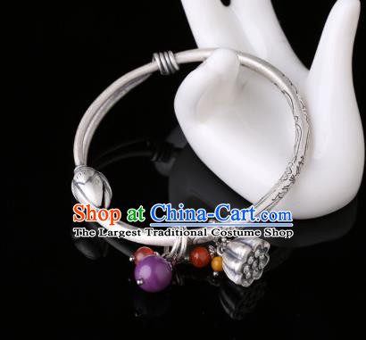 Handmade Chinese Silver Lotus Seedpod Bangle Jewelry Traditional Wristlet National Bracelet