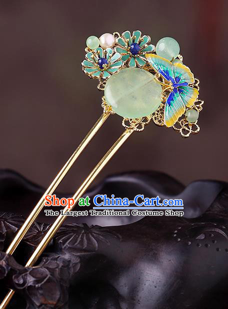 China Classical Chrysoprase Hair Stick Traditional Cheongsam Hair Accessories Handmade Enamel Butterfly Hairpin