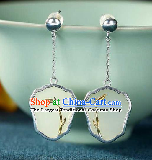 Handmade Chinese Cheongsam White Jade Fan Ear Accessories Traditional Silver Earrings