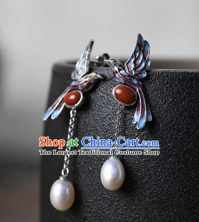 Handmade Chinese Blueing Bird Ear Accessories Traditional Cheongsam Pearls Tassel Earrings