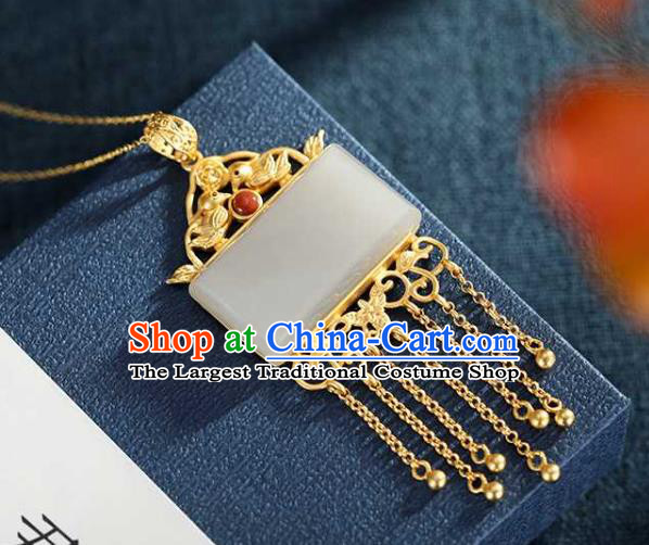 China Classical Cheongsam Golden Tassel Pendant Accessories Traditional White Jade Necklace