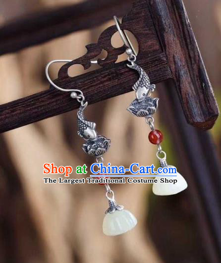 Handmade Chinese Silver Lotus Fish Ear Accessories Traditional Cheongsam Jade Tassel Earrings