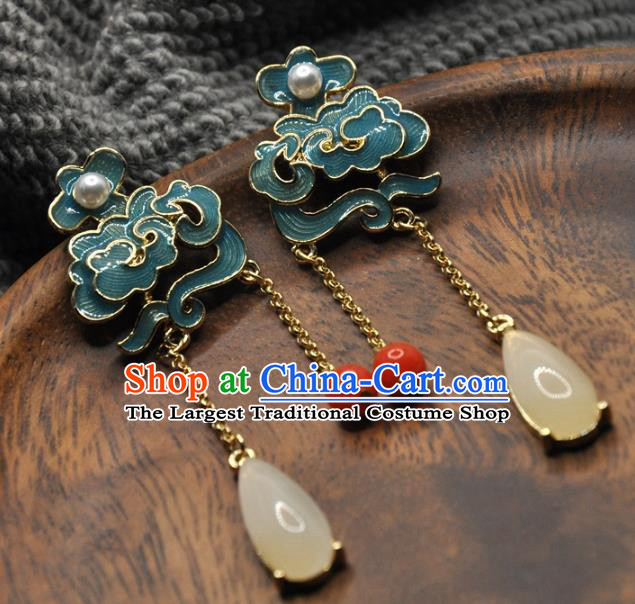 Chinese Traditional Qing Dynasty Palace Earrings Handmade Hanfu Jade Tassel Ear Accessories