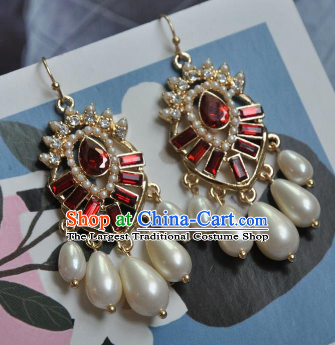 Chinese Traditional Red Crystal Earrings Handmade Cheongsam Pearls Ear Accessories