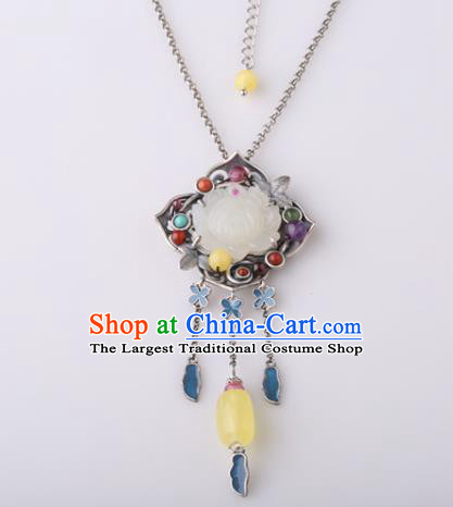 China Classical Jade Lotus Necklace Pendant Traditional Cheongsam Beeswax Necklet Accessories