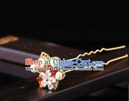 China Classical Crystal Hair Stick Traditional Cheongsam Hair Accessories Handmade Pearls Golden Hairpin