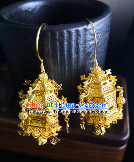 Chinese Traditional Qing Dynasty Court Earrings Ancient Palace Lady Golden Lantern Ear Accessories