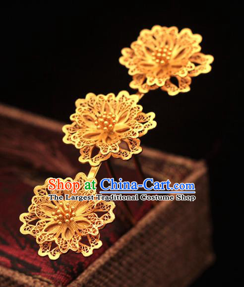 China Ancient Court Hair Stick Traditional Hair Accessories Ming Dynasty Filigree Golden Peony Hairpin