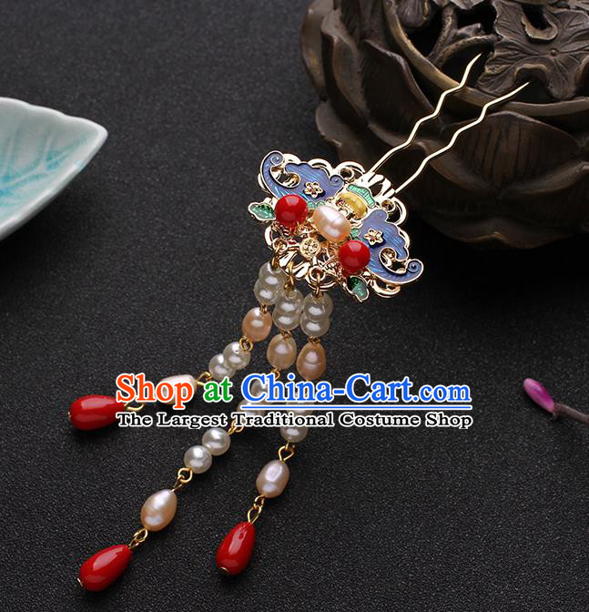 China Traditional Hanfu Blueing Bat Hair Stick Ancient Ming Dynasty Princess Pearls Tassel Hairpin