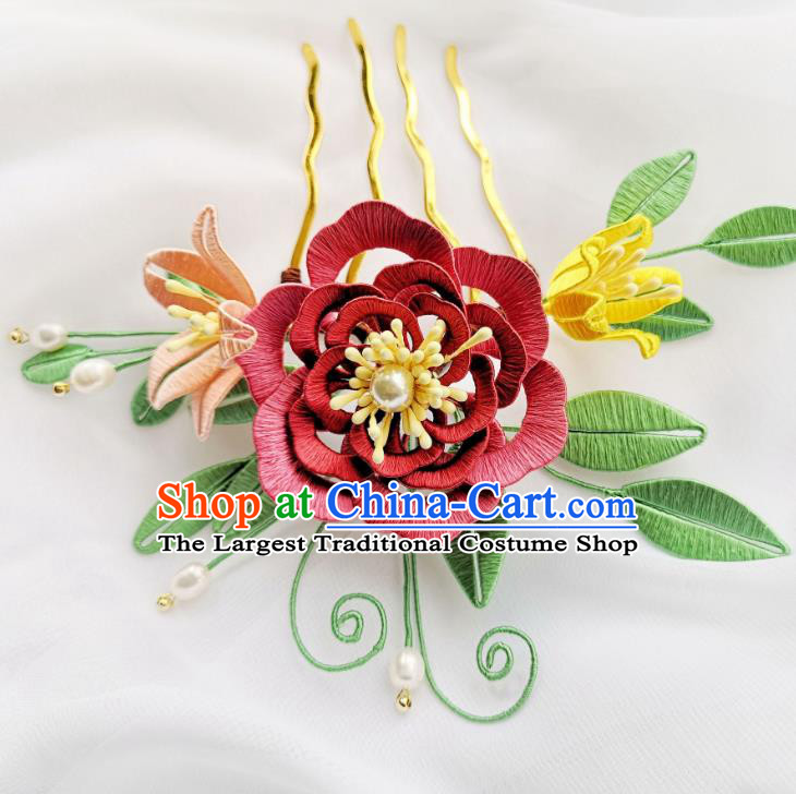 China Ancient Ming Dynasty Princess Hairpin Traditional Hanfu Jacinth Silk Peony Hair Comb